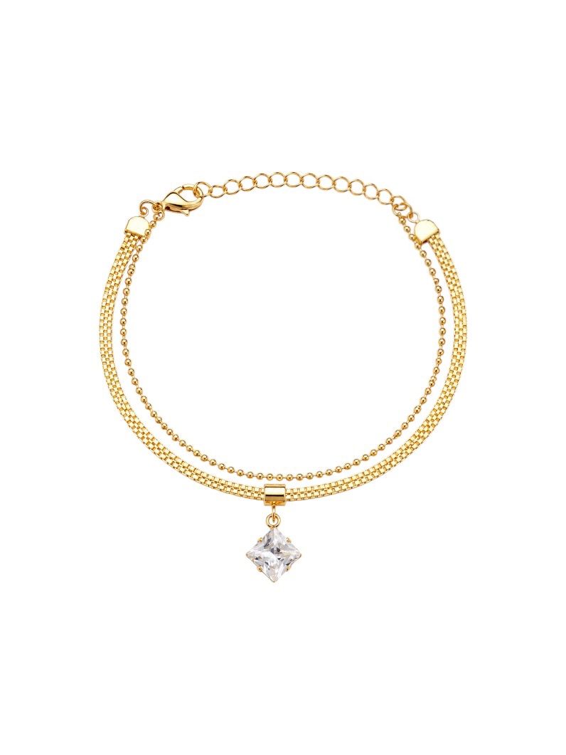 Pulseira Dupla Folheada a Ouro 18K e Prata Quadrado de Cristal