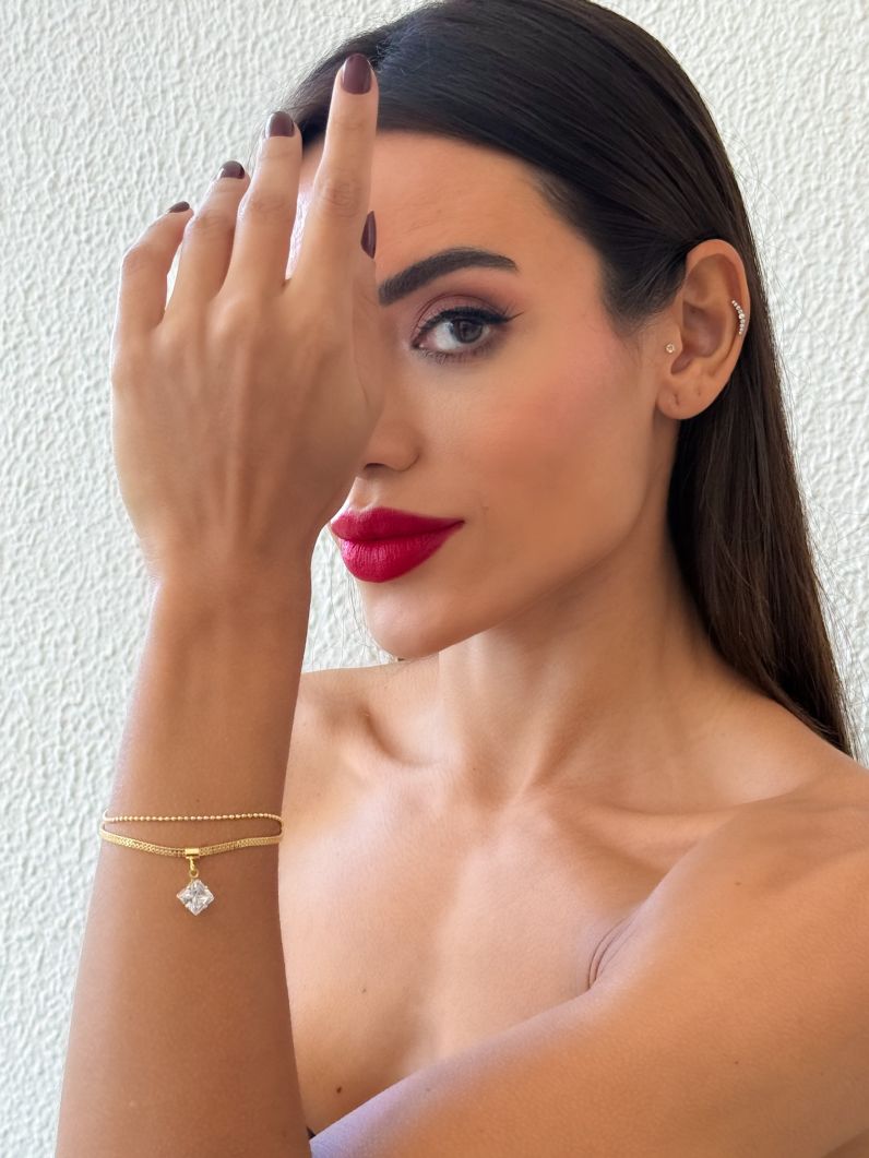 Pulseira Dupla Folheada a Ouro 18K e Prata Quadrado de Cristal