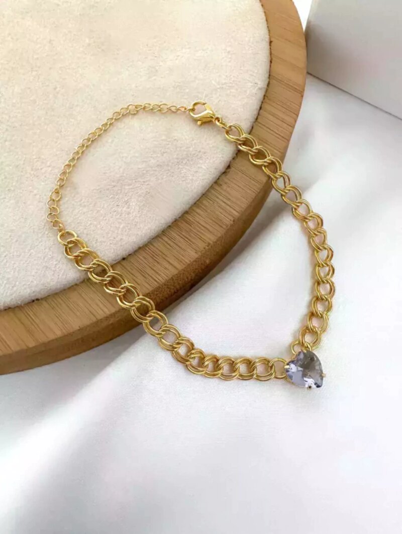 Pulseira elo duplo com coração de zircônia folheado a ouro 18k.