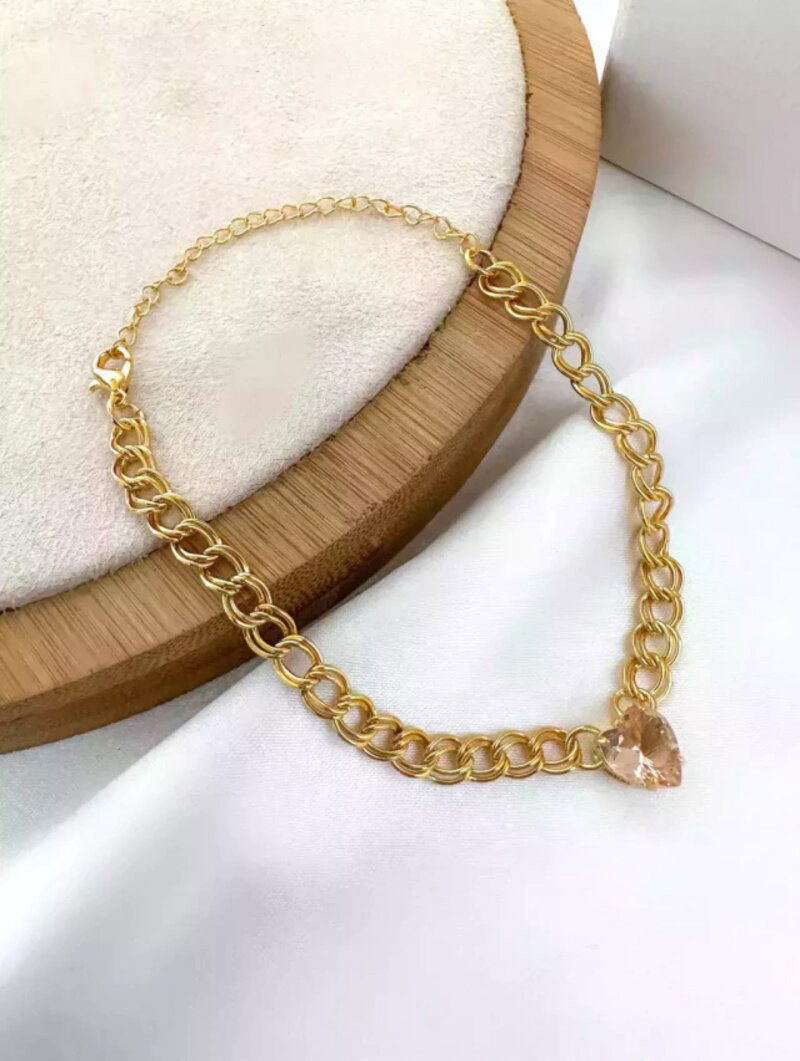 Pulseira elo duplo com coração de zircônia folheado a ouro 18k.