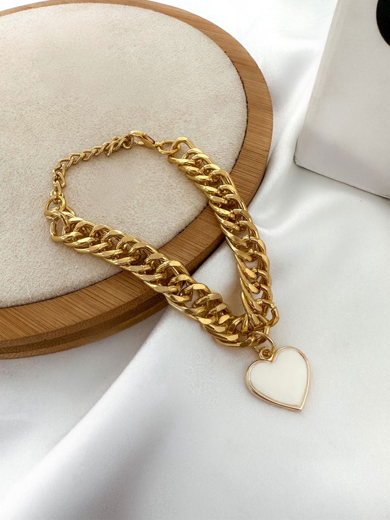 Pulseira elos folheado a ouro 18k com pingente de coração esmaltado