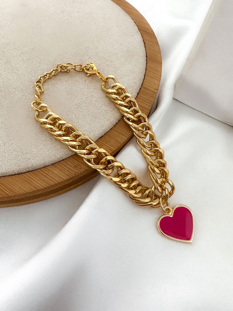 Pulseira elos folheado a ouro 18k com pingente de coração esmaltado