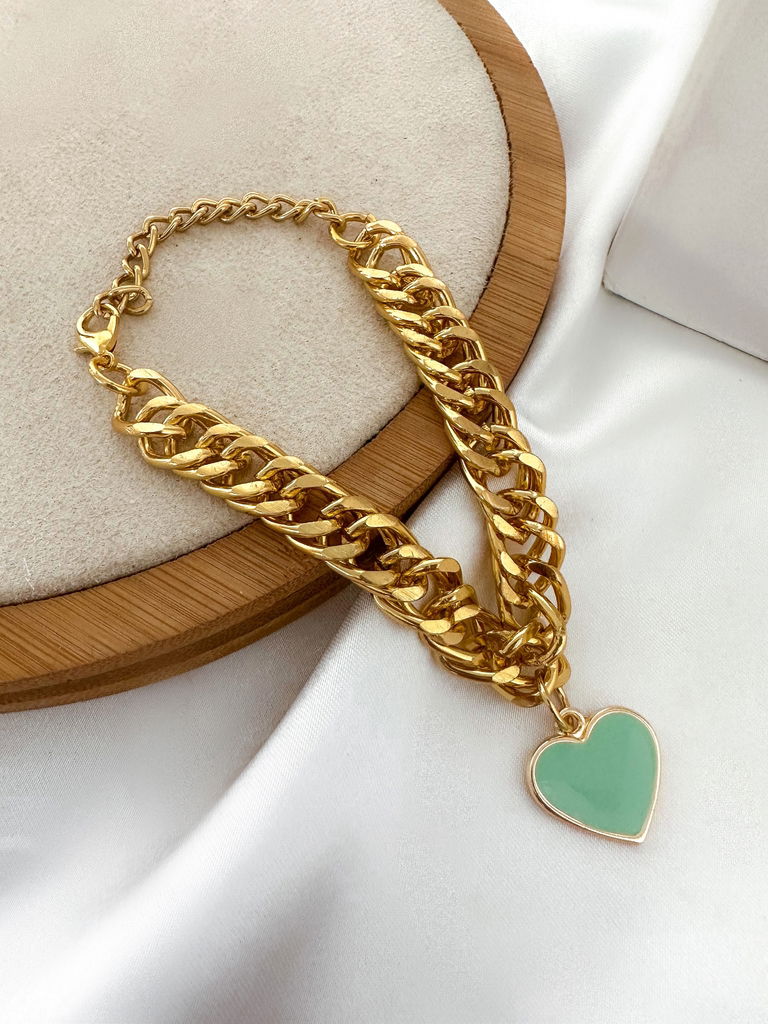 Pulseira elos folheado a ouro 18k com pingente de coração esmaltado