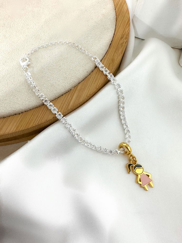 Pulseira em zircônias Folheada a Prata 925 com pingente Semi Joia Crianças