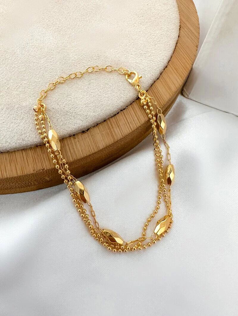 Pulseira Folheada a Ouro 18k Bolinhas com Entremeios de Formatos Geométricos