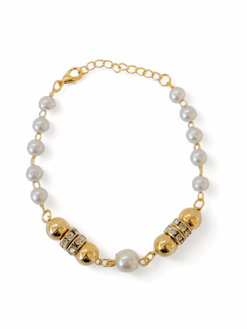 Pulseira Folheada a Ouro 18k Com Esferas e Perolas