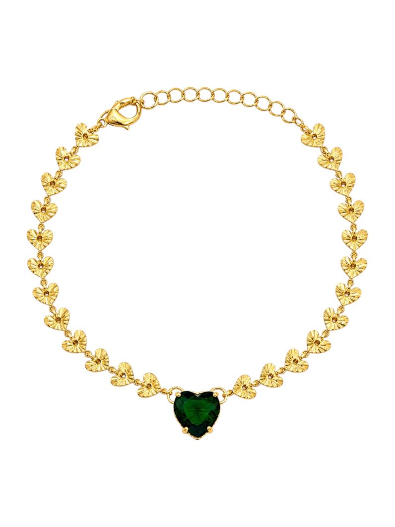 Pulseira Folheada a Ouro 18k Coração Cristal Verde