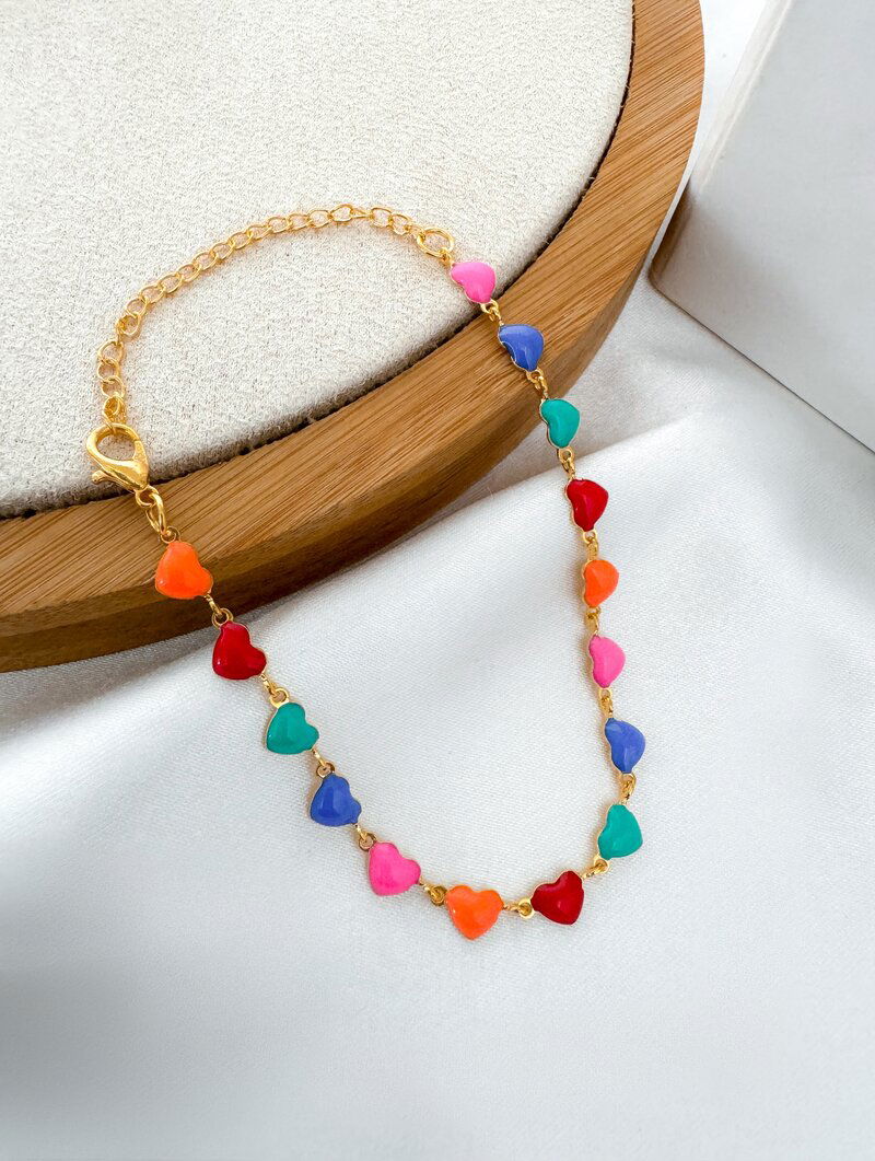 Pulseira Folheada a Ouro 18k Corações Coloridos Resinados