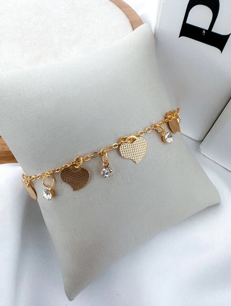 Pulseira Folheada a Ouro 18k Corações com Pontos de Luz