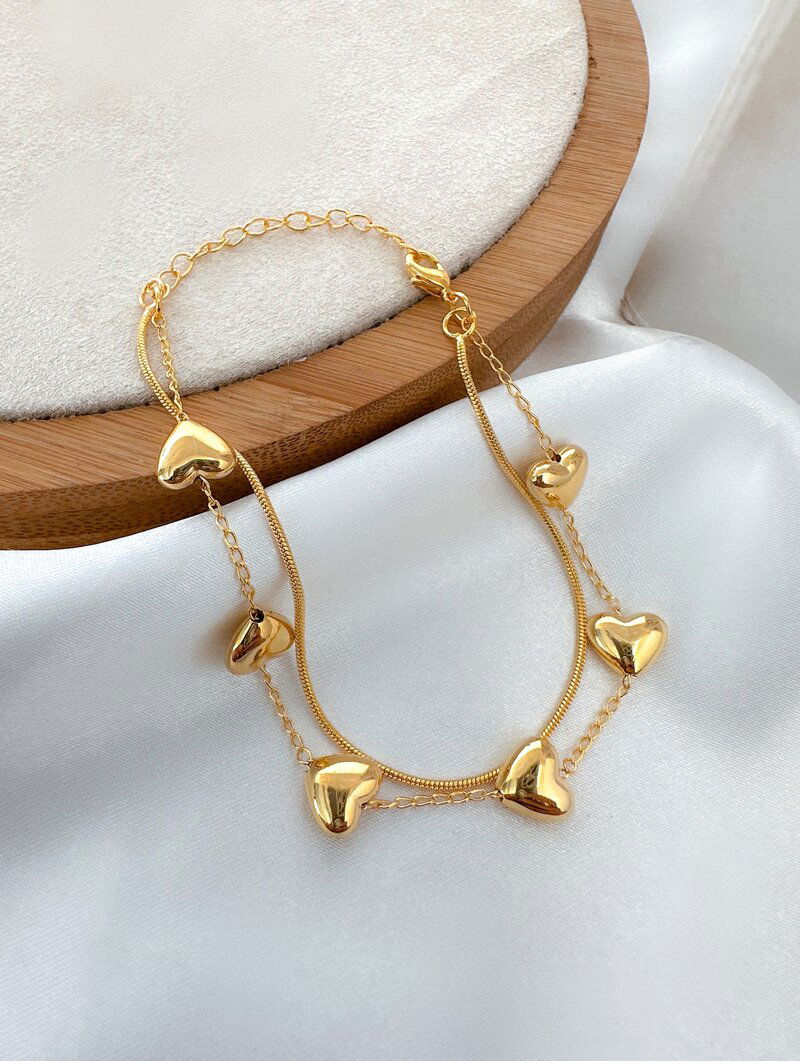 Pulseira Folheada a Ouro 18k Corações Lisos