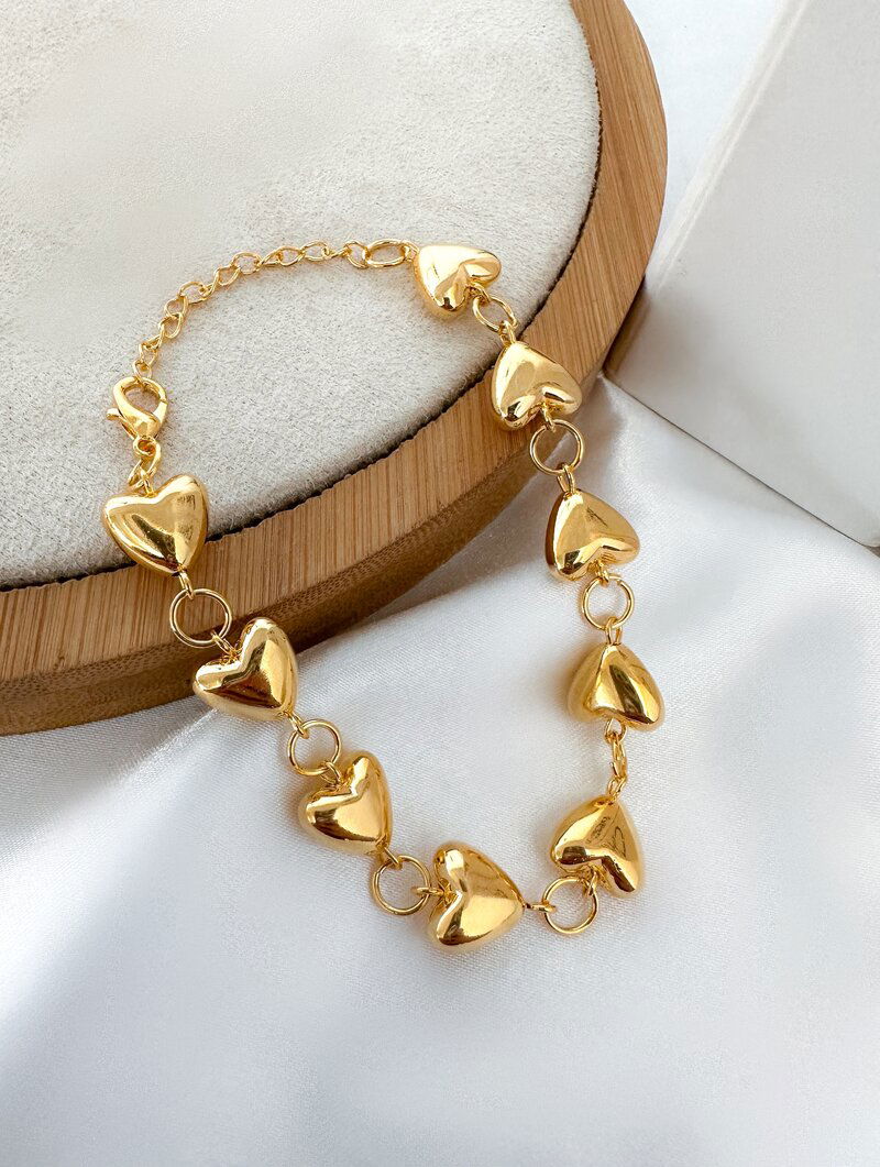 Pulseira Folheada a Ouro 18k Corações Lisos