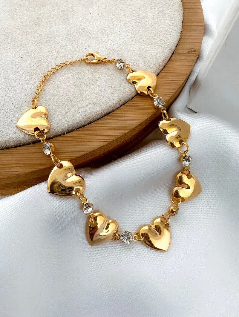 Pulseira Folheada a Ouro 18k Corações Lisos com Pontos de Luz