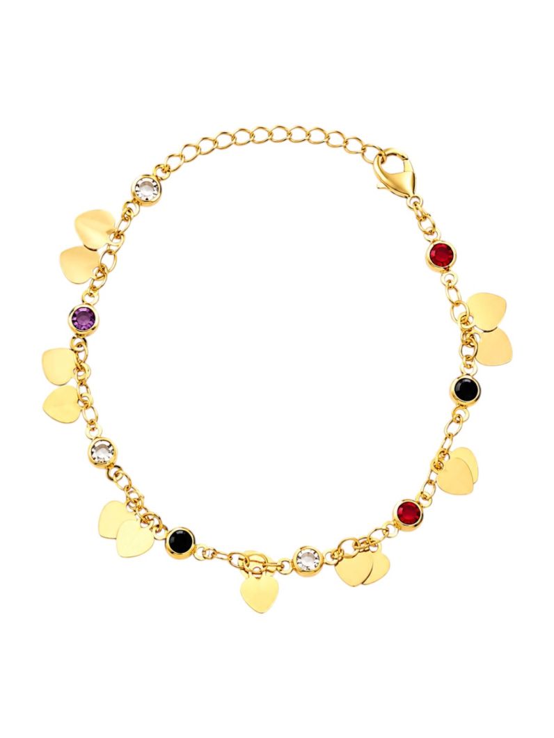 Pulseira Folheada a Ouro 18k Corações Lisos e Cristais