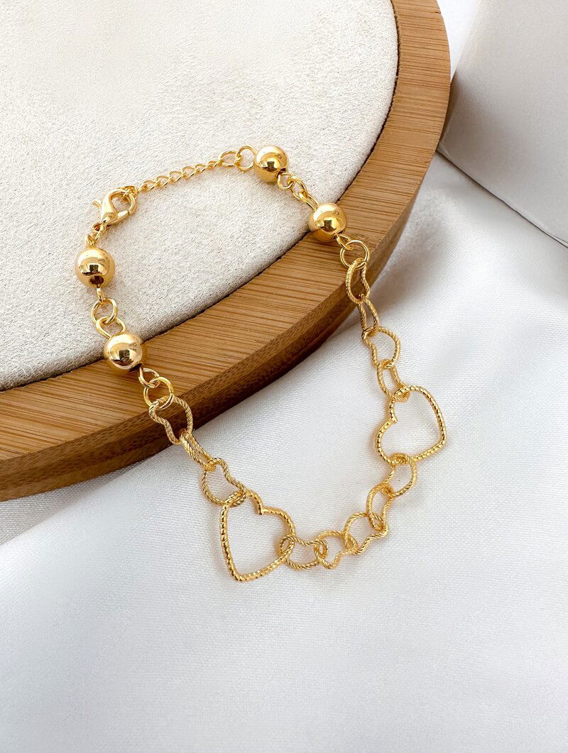 Pulseira Folheada a Ouro 18k Corações Vazados com Esferas