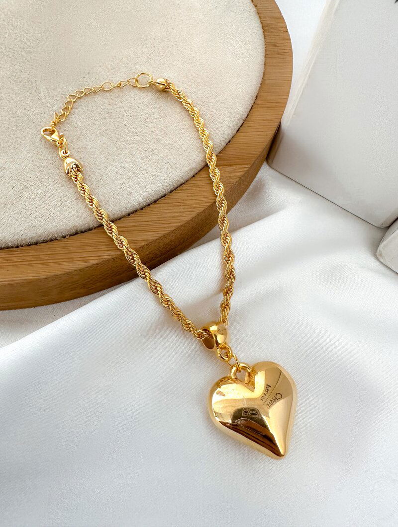 Pulseira Folheada a Ouro 18k Cordão Baiano com Pingente Coração Liso