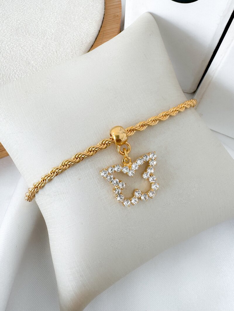 Pulseira Folheada a Ouro 18k Cordão Baiano com Borboleta Cravejada