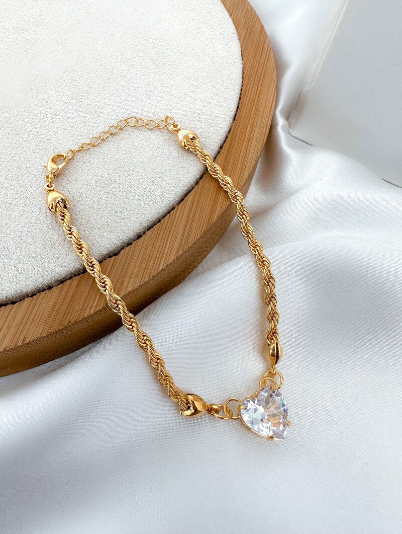 Pulseira Folheada a Ouro 18k Cordão Baiano com Coração de Zircônia