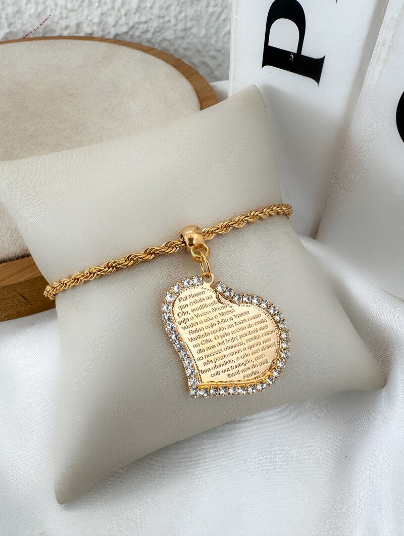Pulseira Folheada a Ouro 18k Cordão Baiano com Coração Pai Nosso