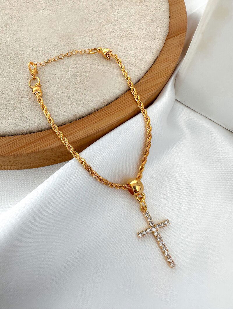 Pulseira Folheada a Ouro 18k Cordão Baiano com Crucifixo