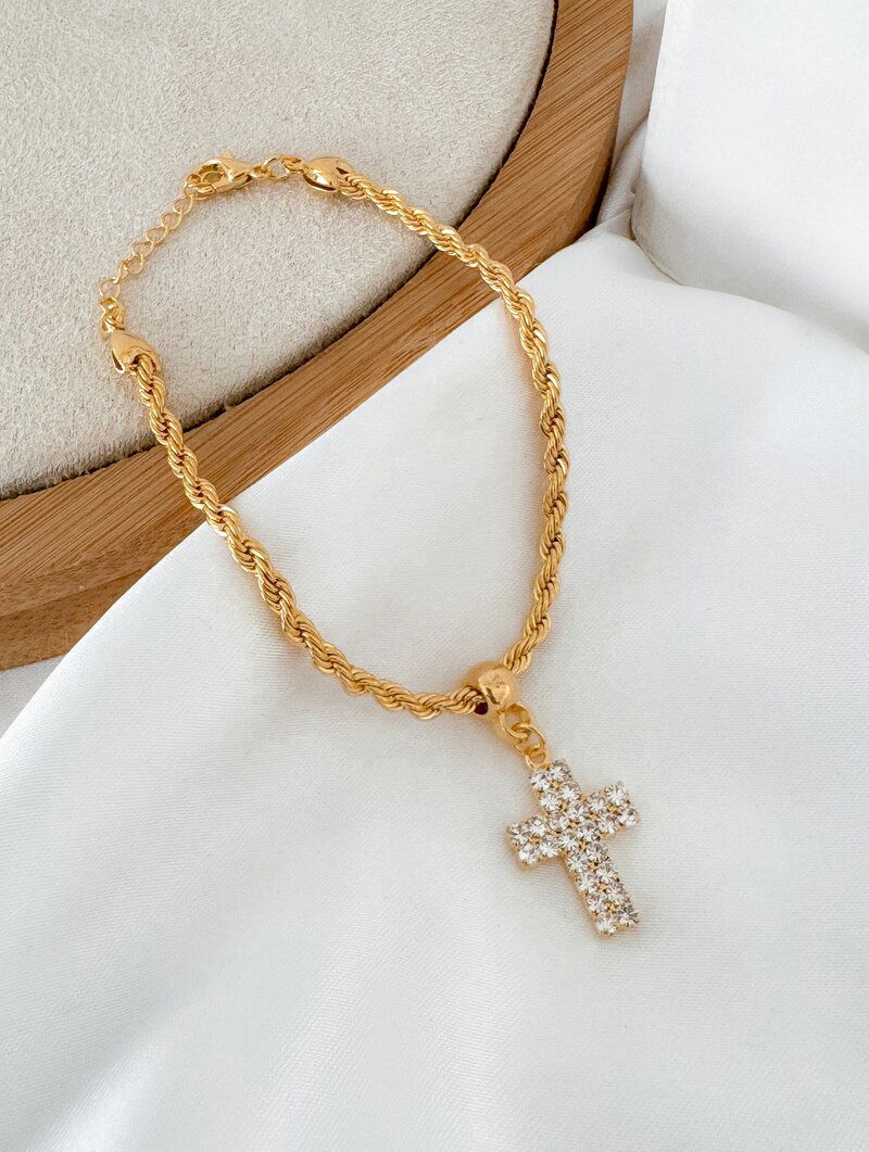 Pulseira Folheada a Ouro 18k Cordão Baiano com Crucifixo