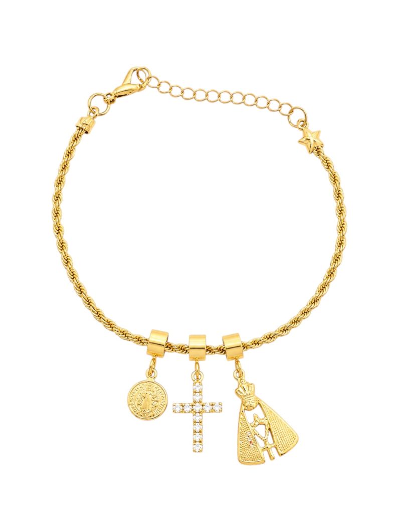Pulseira Folheada a Ouro 18k Cordão Baiano Com Nossa Senhora e Cruz