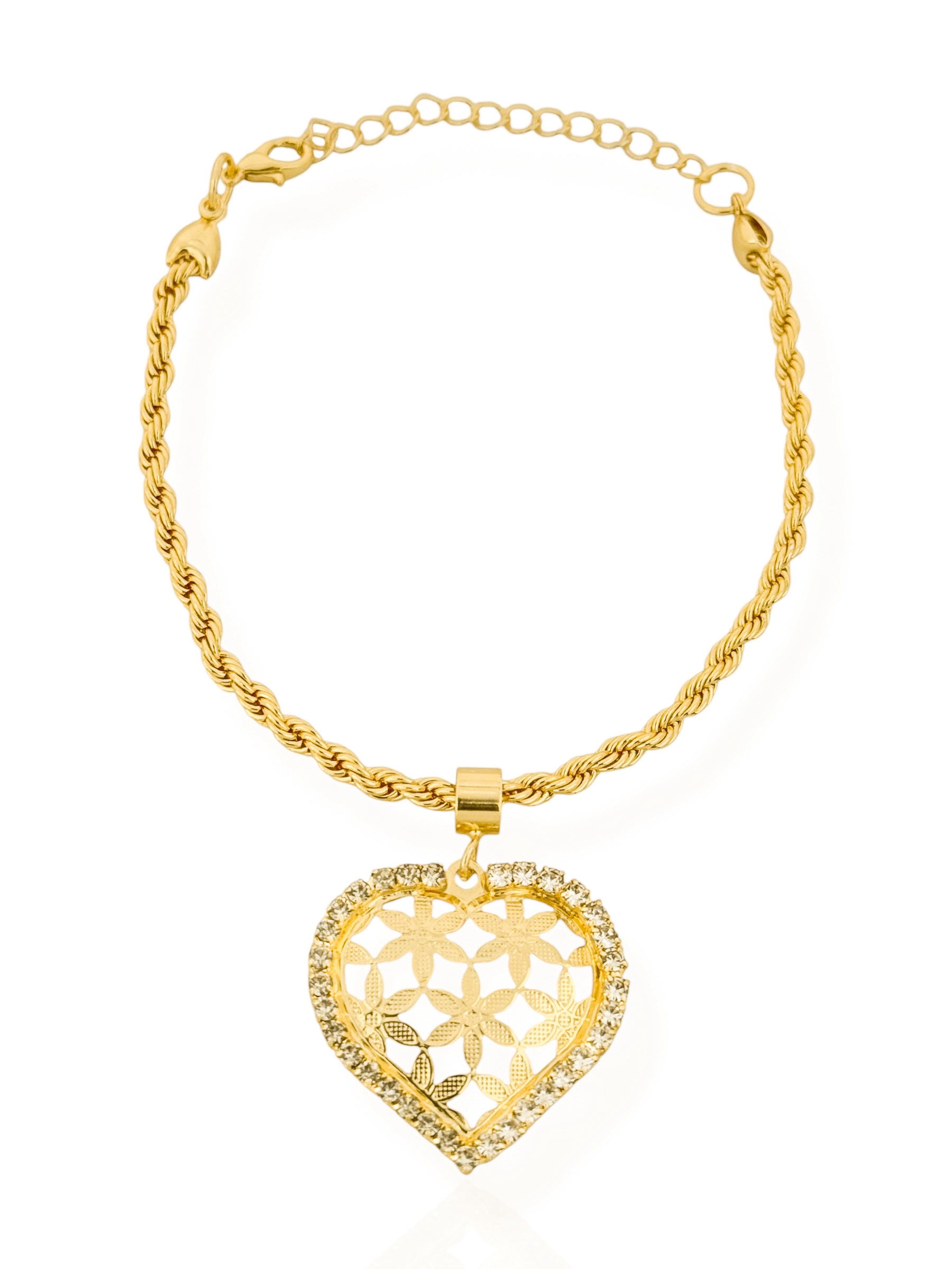 Pulseira Folheada a Ouro 18k Cordão Baiano Com Pingente Coração Borda Cravejado