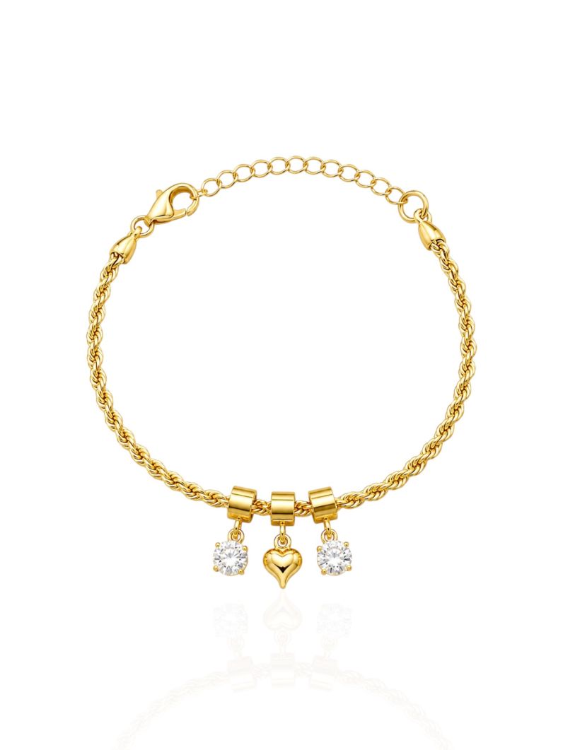 Pulseira Folheada a Ouro 18k Cordão Baiano Pingentes Ponto de Luz e Coração
