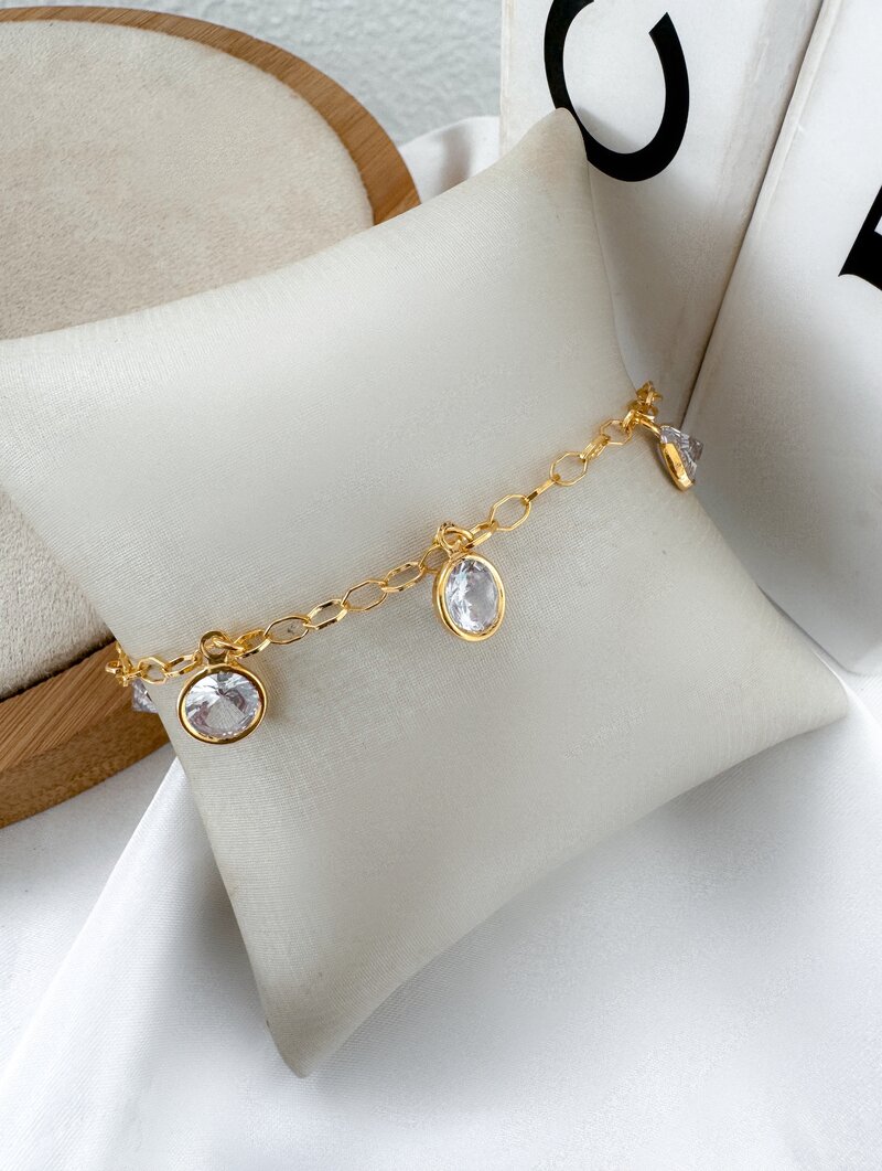 Pulseira Folheada a Ouro 18k Corrente com Zircônias Cristais