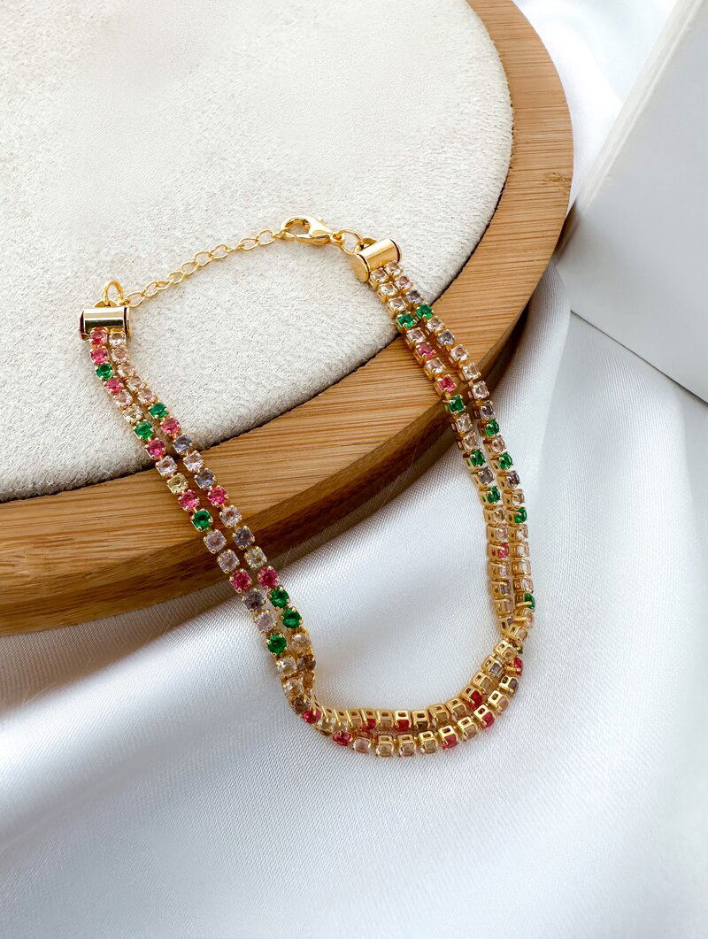 Pulseira Folheada a Ouro 18k Corrente Dupla com Micro Zircônias