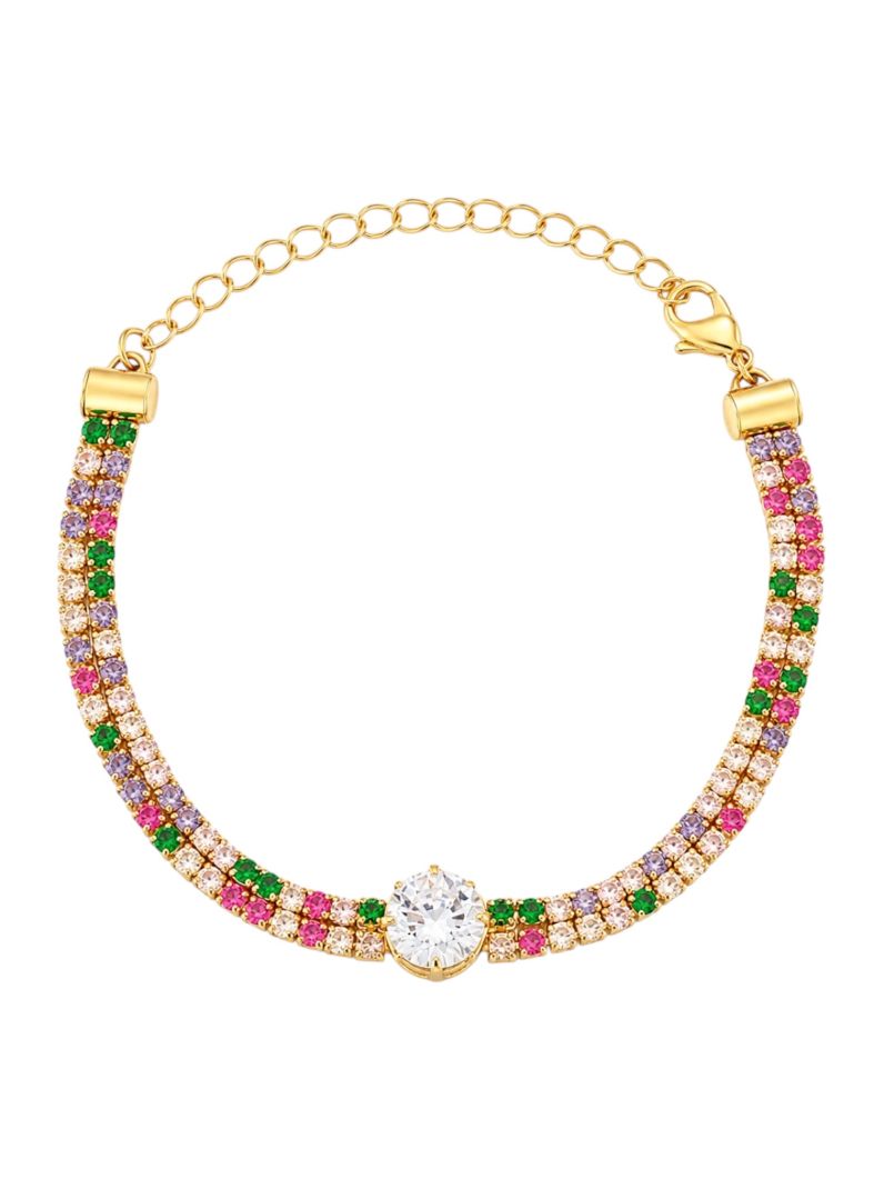 Pulseira Folheada a Ouro 18k Cristais Coloridos