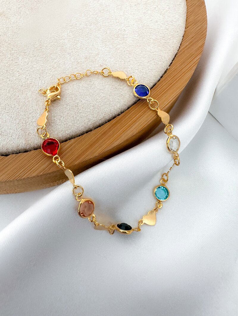 Pulseira Folheada a Ouro 18k Cristais Coloridos com Corações