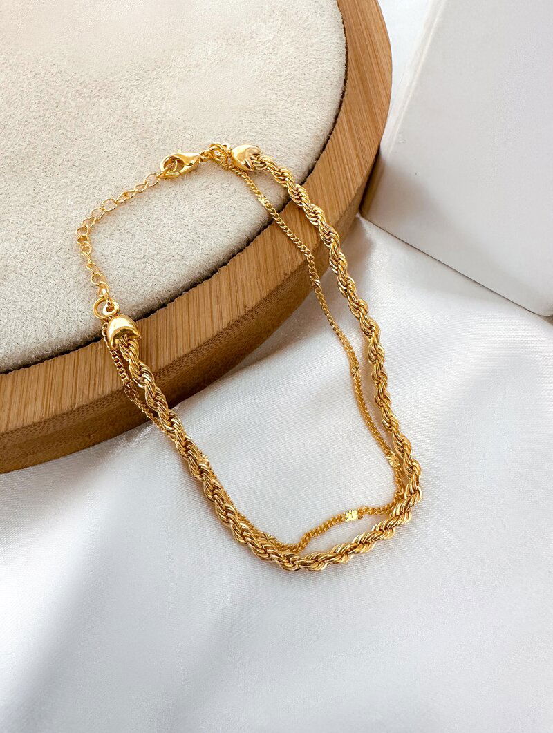 Pulseira Folheada a Ouro 18k Dois Fios com Cordão Baiano