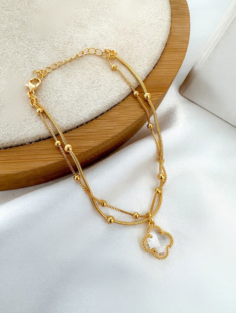 Pulseira Folheada a Ouro 18k Dois Fios com Esferas Lisas e Pingente Inspiração