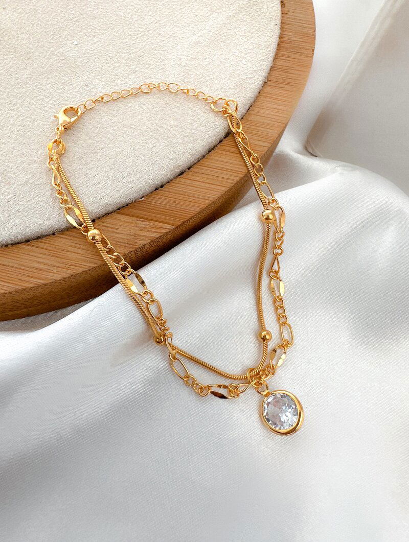 Pulseira Folheada a Ouro 18k Dois Fios com Esferas Lisas e Zircônia