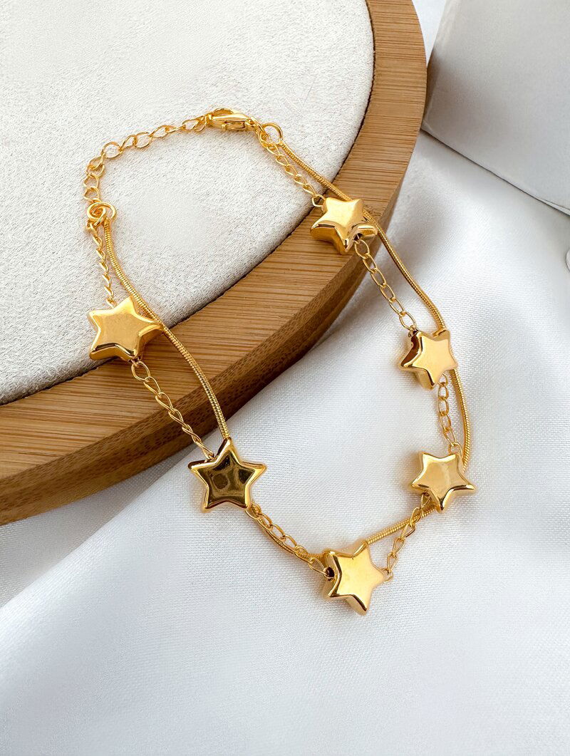 Pulseira Folheada a Ouro 18k Dois Fios com Estrelas