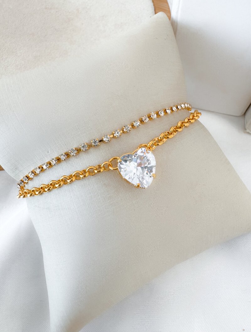 Pulseira Folheada a Ouro 18k Dois Fios com Micro Zircônias e Coração Cristal