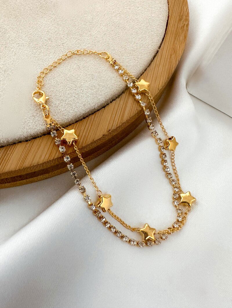 Pulseira Folheada a Ouro 18k Dois Fios com Zircônias e Estrelas