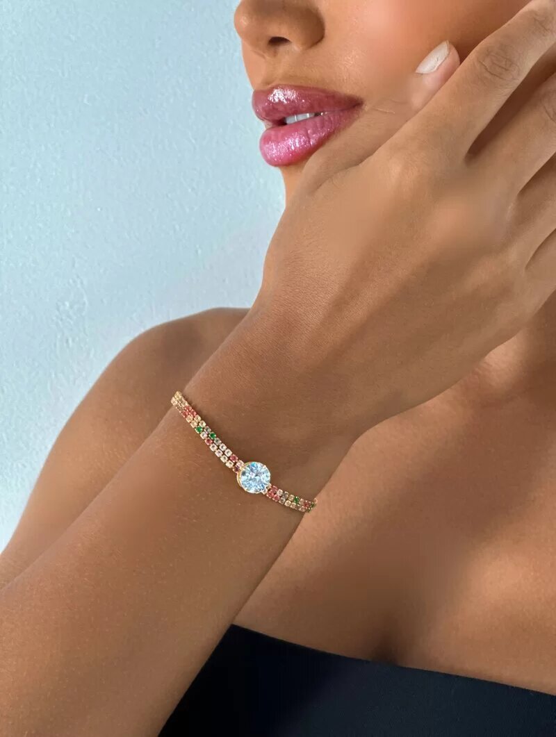 Pulseira Folheada a Ouro 18k Dois Fios de Micro Zircônias com Pedra Central