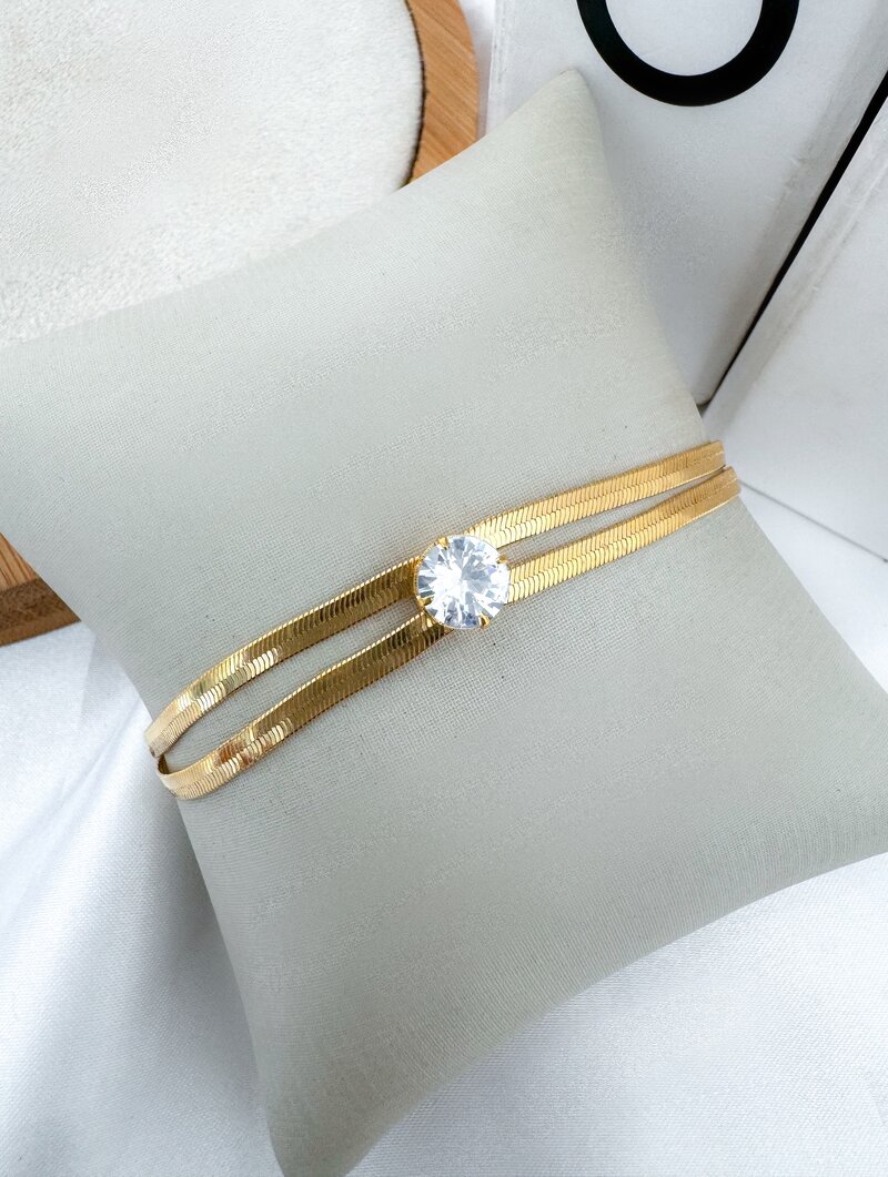 Pulseira Folheada a Ouro 18k Duas Fitas Laminadas com Zircõnia