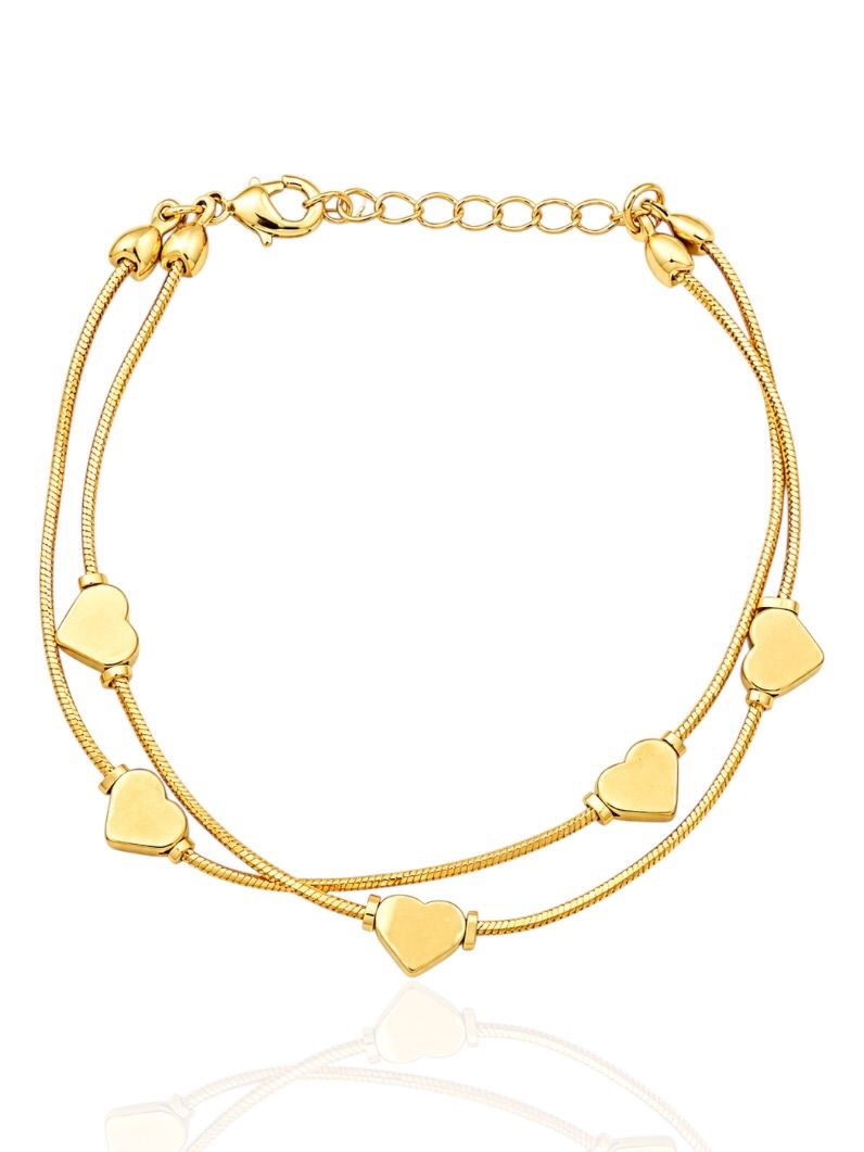 Pulseira Folheada a Ouro 18k Duplo Corações Lisos
