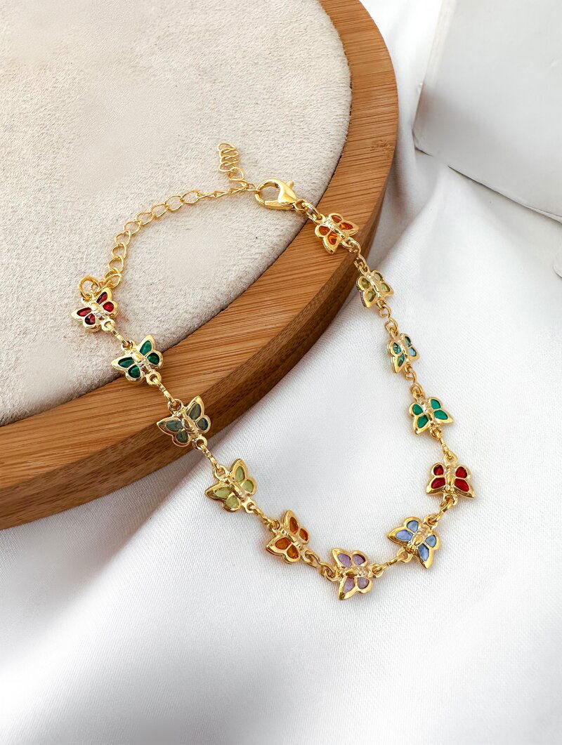 Pulseira Folheada a Ouro 18k e Prata 925 Borboletas Coloridas