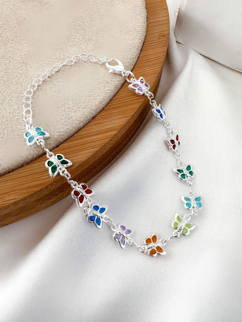 Pulseira Folheada a Ouro 18k e Prata 925 Borboletas Coloridas