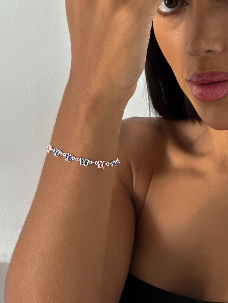 Pulseira Folheada a Ouro 18k e Prata 925 Borboletas Coloridas