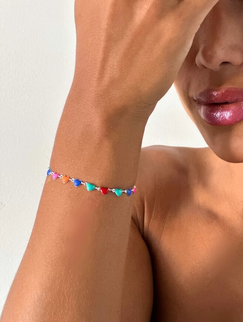 Pulseira Folheada a Ouro 18k e Prata 925 Corações Esmaltados Coloridos