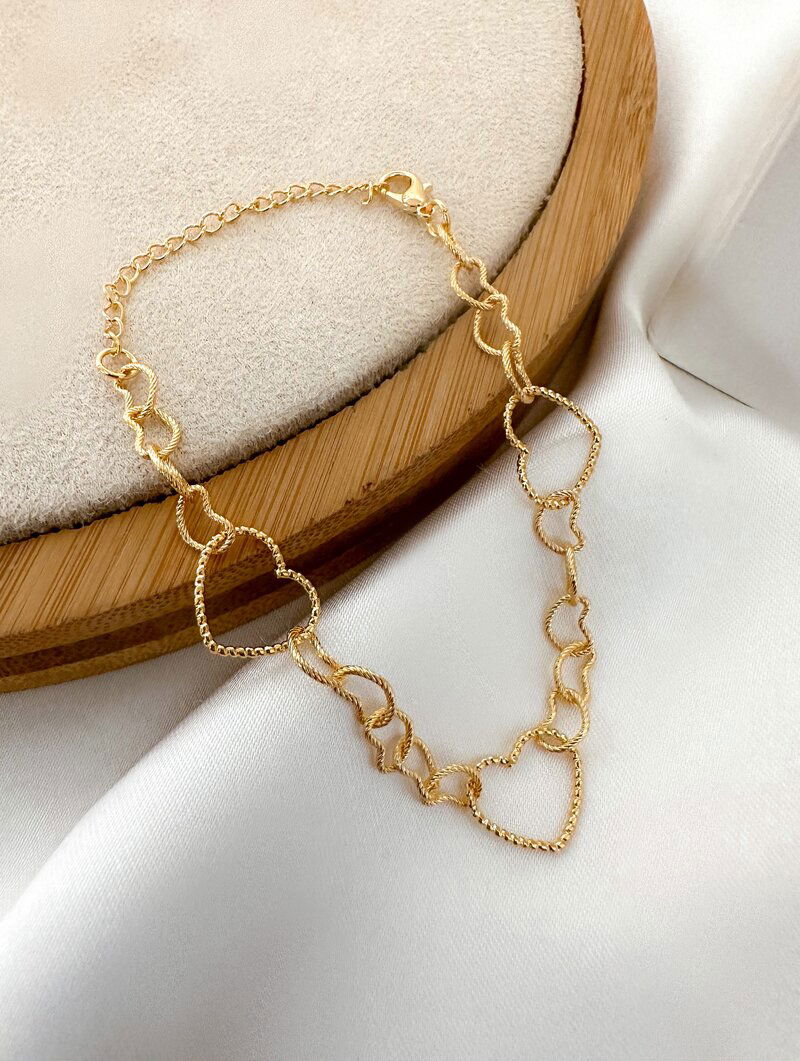 Pulseira Folheada a Ouro 18k e Prata 925 Corações Texturizados Vazados