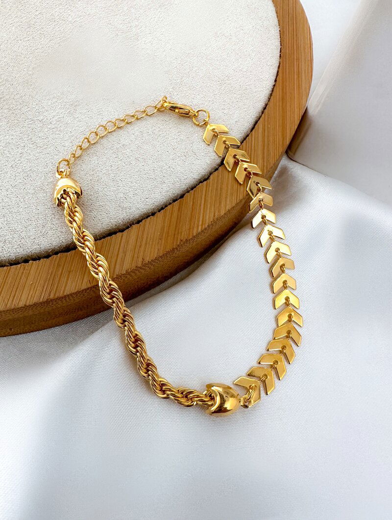 Pulseira Folheada a Ouro 18k e Prata 925 Escamas com Cordão Baiano