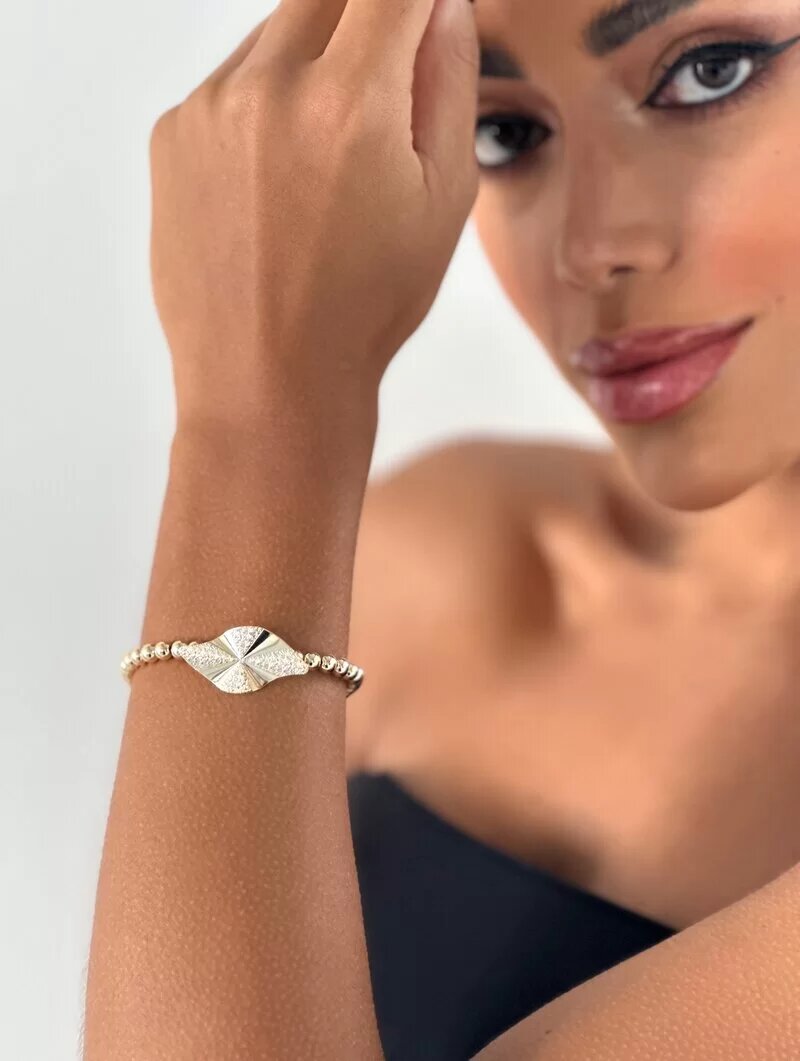 Pulseira Folheada a Ouro 18k e Prata 925 Esferas com Pingente Texturixado