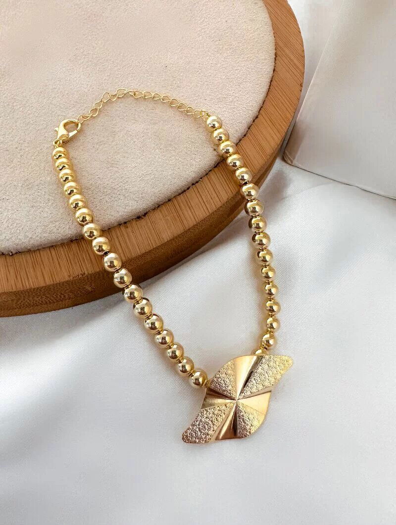 Pulseira Folheada a Ouro 18k e Prata 925 Esferas com Pingente Texturixado