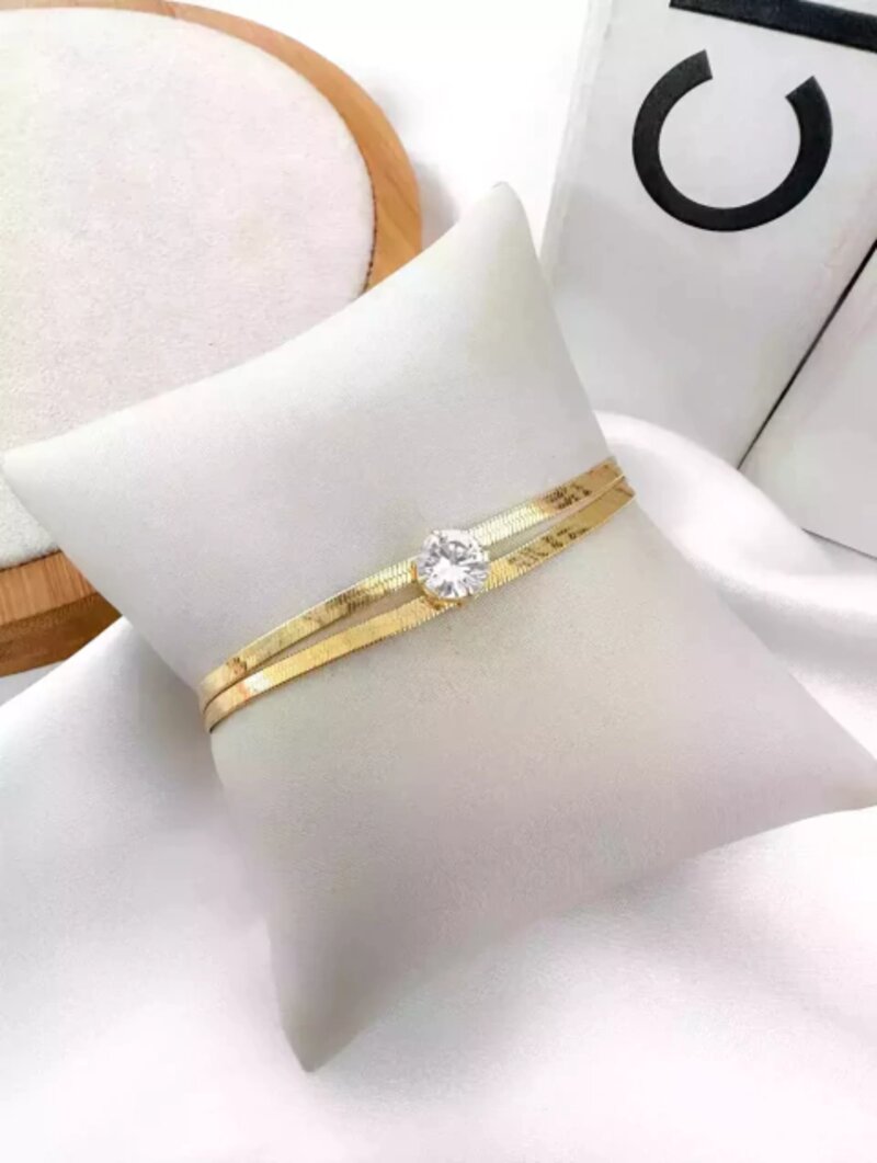 PULSEIRA FOLHEADA A OURO 18K E PRATA 925 FITA LAMINADA DUPLA COM PONTO DE LUZ.