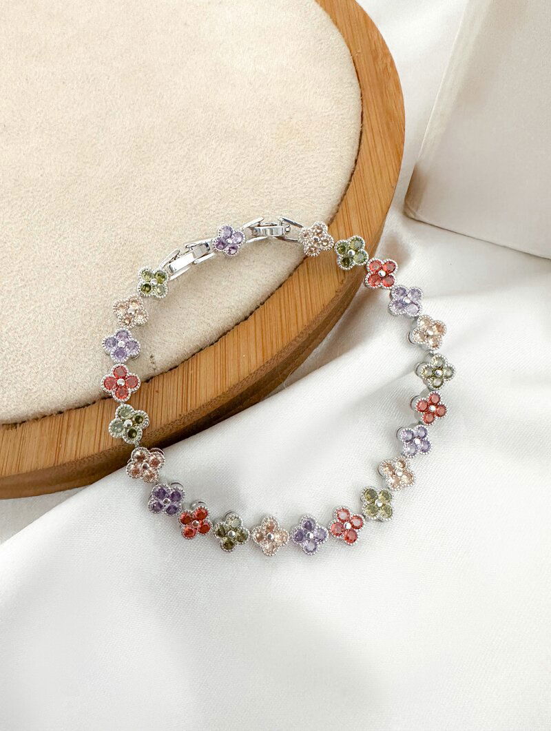 pulseira folheada a ouro 18k e prata 925 flores de micro zircônias